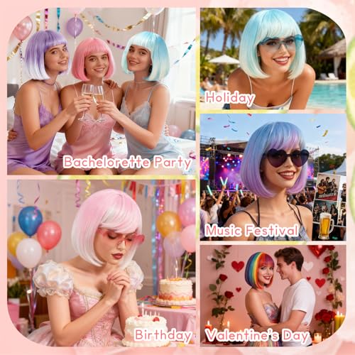 Image of PLULON Pink White Ombre Bob Wig with Bangs for Women Men, Colorful Short Funny Bob Wigs with Heart Sunglasses and Hair Cap Colored Cosplay Hairpieces for Halloween Costume Neon Bachelorette Party