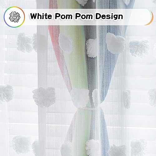 Image of MYSKY HOME 95 Inch Long Rainbow Curtains for Girls Bedroom & Living Room - Double Layer Ombre, White Pom Pom, Blackout Sheer, Room Darkening Grommet Window Panels (2 Pieces, 52 x 95 in)