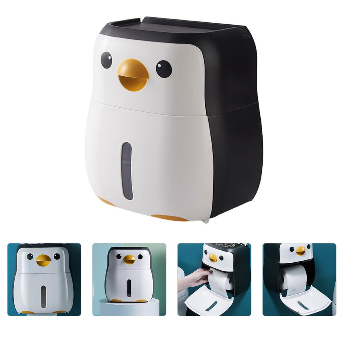 Toilettenpapierhalterung Weiß aus Kunststoff mit Wandbefestigung ohne Bohren Papiertaschentuchbox in Pinguin Form Multifunktional für Hotelbad und Haushalt