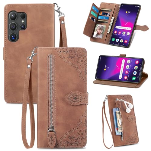 Étui compatible avec Samsung Galaxy S22 portefeuille marron à rabat antichoc