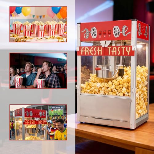 Image of Commercial Popcorn Machine With 36 OZ Kettle- Countertop Popcorn Machine for Theater Style, Stainless Steel, 3-Switch Control, for Business, School, Corporate,Institutional, Movie, Home use, Red