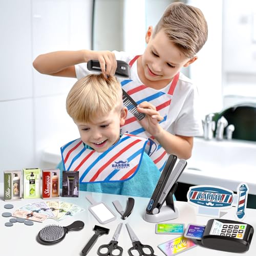 Tacobear Friseur Set Kinder Friseurkoffer Kit mit Haartrockner Elektrischer Rasierer Haarglätter Salon Haarstyling Zubehör Frisör Spielzeug Kinder Rollenspiel Geschenk für Jungen ab 3 4 5 6 7 8 Jahren