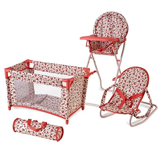Floral Baby Doll Accessories Set - 3-1 Furniture with Crib, High Chair, Bouncer Seat Bed for 18” Play Toys 18" Dolls