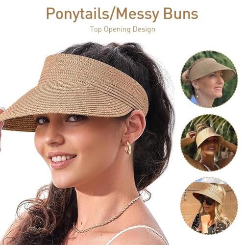 Image of Straw Hat Sun Hats for Women,Wide Brim Cap Beach Hat for Women Stylish UV Protection Cap,Summer Packable Travel Sun Visor Hat - UPF 50+ Khaki