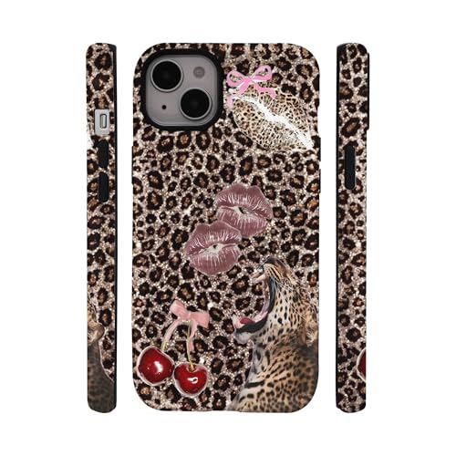 qizjio Cheetah Print Phone Case Shockproof Protective Cherry Lipstick Leopard Pattern Phone Cases for iPhone 15 Plus/14 Plus