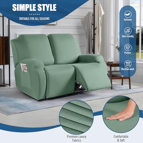 Image of TAOCOCO Recliner Loveseat Slipcover, 2 Pieces Polyester Fabric Stretch Sofa Covers for 2 Seat Reclining Couch, Soft Washable Furniture Protector with Pockets (2 Seat, Bean Green)
