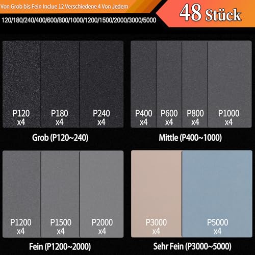ALPXUXP Schleifpapier Set 48 Stück Nass und Trocken Profi Wasser Schmirgelpapier,für Auto|Metall|Holzmöbel|Stein|Lack|Glas,Körnung 120/180/240/400/600/800/1000/1200/1500/2000/3000/5000，23 x 9cm