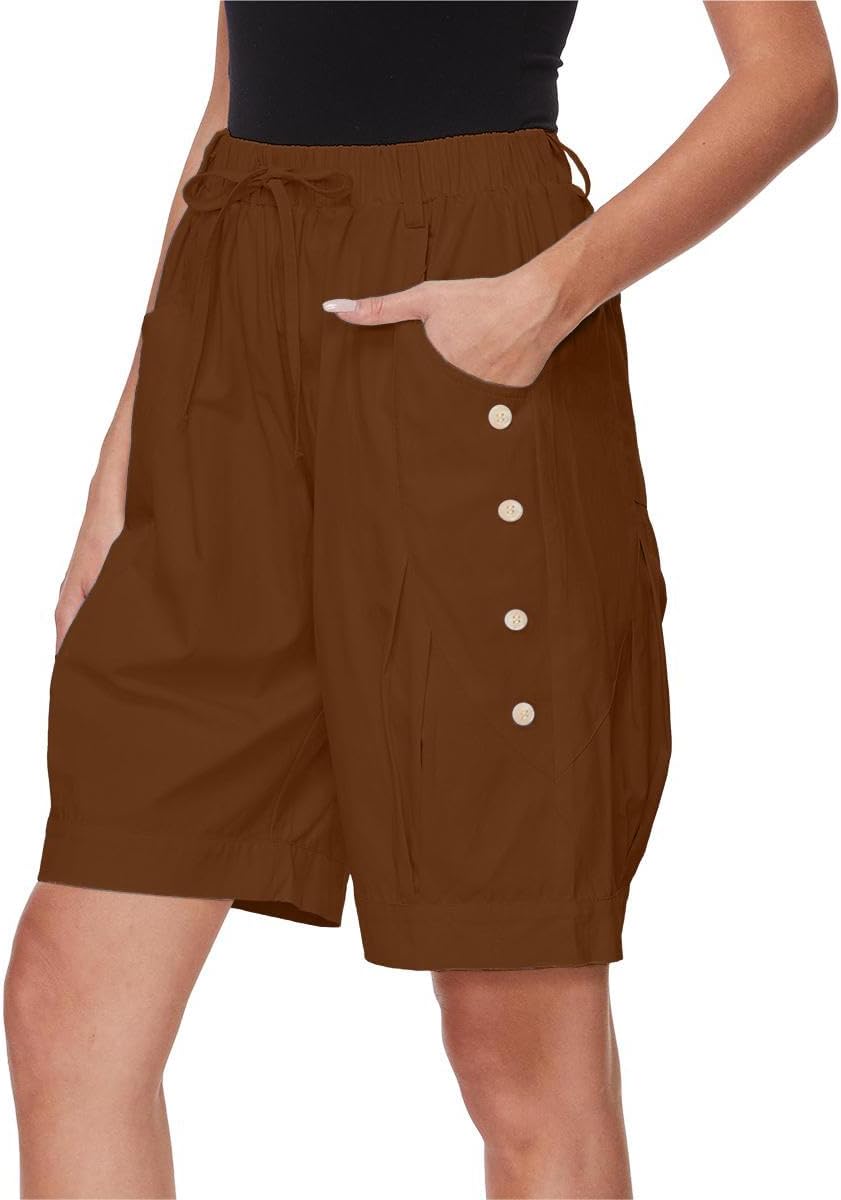 Womens Casual Shorts High Waist Bermuda Drawstring Summer Beach Loose Capris Wide Leg Comfy Dressy Pant with Pockets