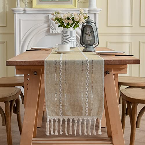 Country Rustic Linen Table Runner with Tassel Striped Farmhouse Boho 36 Inches Long Table Runners for Kitchen Dining Holiday Party Wedding Coffee Table Home Decoration ( Light Brown, 13