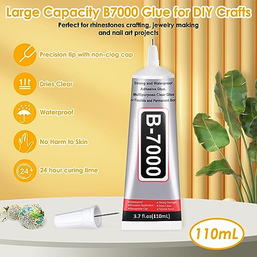 Image of B7000 Glue Clear with Precision Tip, 2Pcs 110mL Jewelry Bead Gem Glue, Strong Adhesive Bedazzling Glue with Silver Rhinestones, Dotting Pen Tool for Jewelry Making Fabric Clothes Shoes DIY Crafts