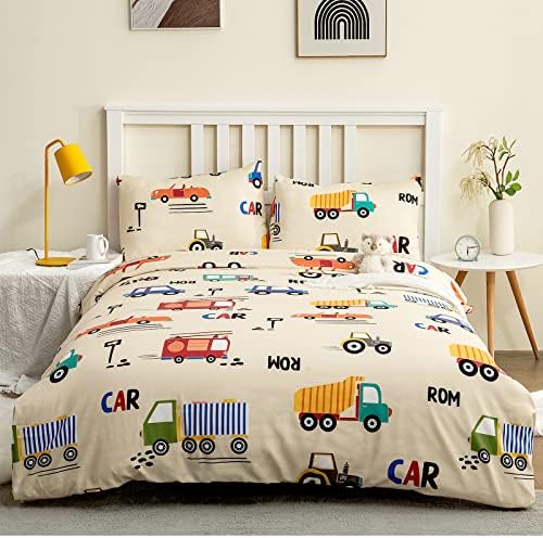 OWL QUEEN Cars Duvet Cover Queen Size Boys Construction Cute Cartoon Duvet Cover with 2 Pillowcase 100% Polyester Fire Trucks Bedding Set Kids Duvet Cover Set