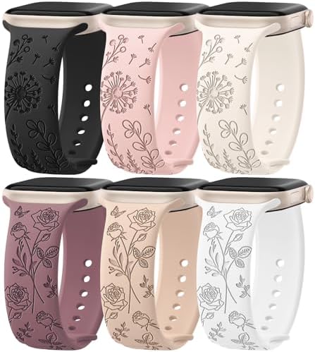6 Pack Floral Engraved Silicone Bands Compatible for Apple Watch Band 38mm 40mm 41mm 42mm 44mm 45mm 46mm 49mm Women,Flower Sport Straps for iWatch Series 10 9 8 se Ultra 7 6 5 4 3 2
