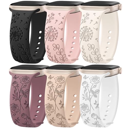 6 Pack Floral Engraved Silicone Bands Compatible for Apple Watch Band 38mm 40mm 41mm 42mm 44mm 45mm...