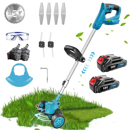 18V Cordless Strimmer with 2 Wheels, Height Adjustable Electric Grass Trimmer with 2pcs 3000mAh Battery and Charger. Strimmer Brush Cutter for Garden Clearing Compatible with Makita (Blue)