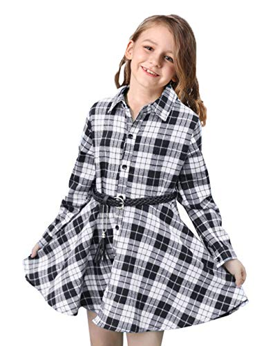 BattleTim Girls Christmas Dress Belt Long Sleeve Buffalo Check Black White/Red Plaid Dresses for Kids,4-12 Years