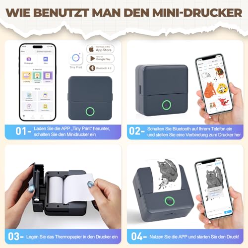 PRAOAHEI Mini Drucker, Tragbarer Fotodrucker mit 10 Rollen Druckerpapier, Bluetooth-Etikettendrucker, Thermodrucker für Notizen, Fotos, Tagebücher, Heimwerken, kompatibel mit iOS und Android (Grau)