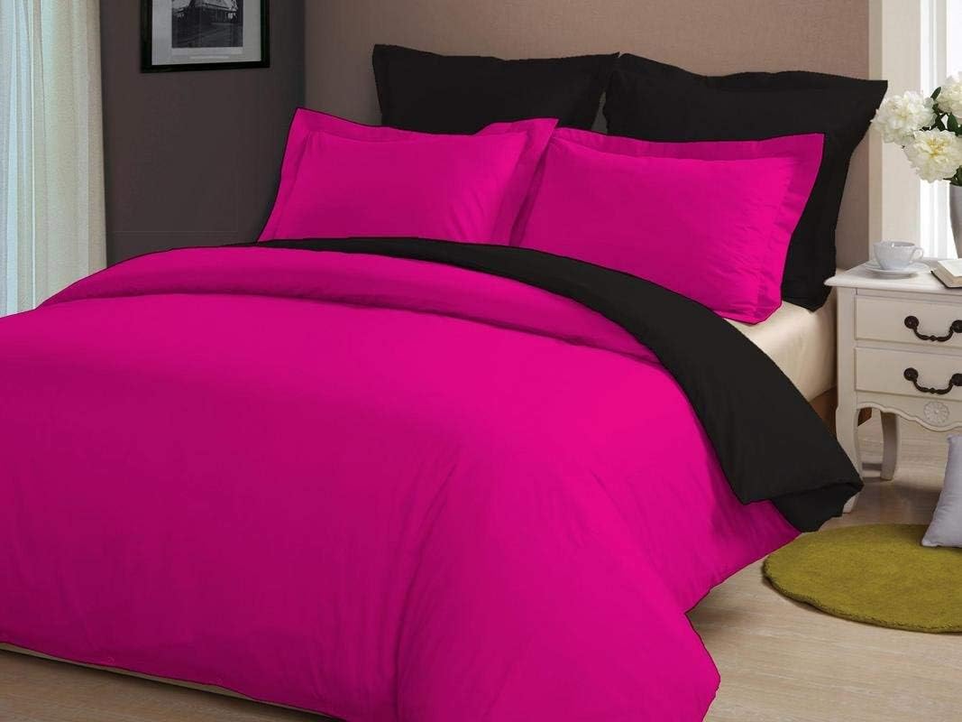Soft Luxurious 1-Piece Quilt Reversible Duvet Cover with Corner Ties 100% Cotton 400 Thread Count Comforter Cover Solid (Full/Queen, Hot Pink & Black)