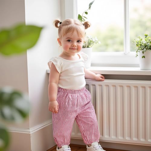 Karuedoo Toddler Baby Boy Girl Gingham Bubble Pants Kids Casual Plaid Elastic Waist Long Bloomers Trousers Bottoms4