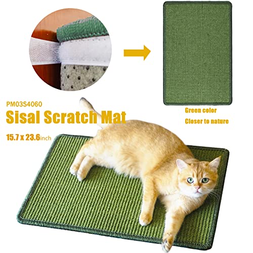 Pethave Cat Scratcher Mat, 23.6x15.7inch Natural Sisal Cat Scratchers for Indoor Cats with Velcro,Stick on Floor Cat Wall Scratcher,Horizontal Cat Scratch Mat Protect Furniture (Green Color)
