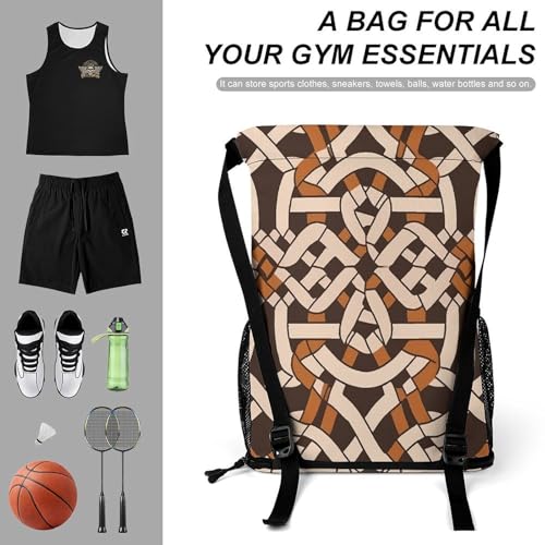 Waterproof Drawstring Gym Backpack with Shoe Compartment & Wet-Proof Pocket - Lightweight 28L Brown Geometric Pattern Sports Backpack Travel Workout String Bag for Yoga Swim3