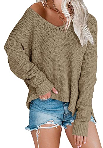 Image of Women's Off Shoulder Knit Sweaters Oversized V Neck Long Sleeve Loose Lightweight Pullover Tops