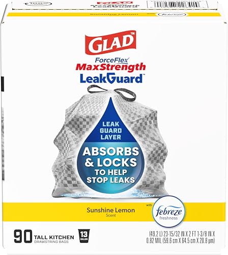 Image of Glad ForceFlex MaxStrength Tall Kitchen Trash Bags, Rip and Leak Resistant, LeakGuard, Sunshine Lemon Scented Tall Garbage Bags, Odor Control, Febreze Freshness, 13 Gallon, 90 Count