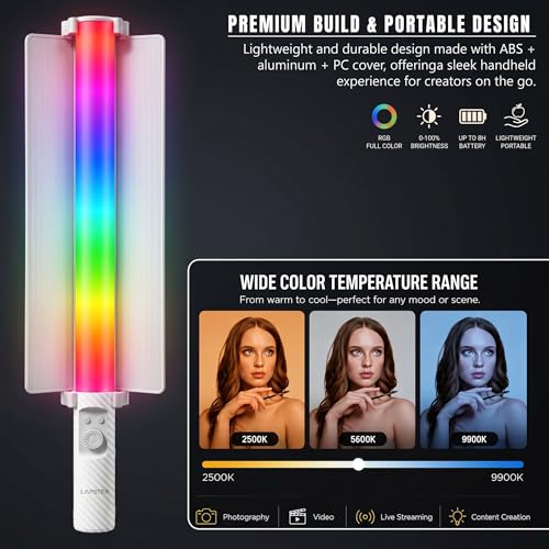 Image of Lapster Luma Evo Stick Light Portable Handheld RGB LED Light Wand with Barn Door & Remote Control, Color Temp 2700-12000K + RGB