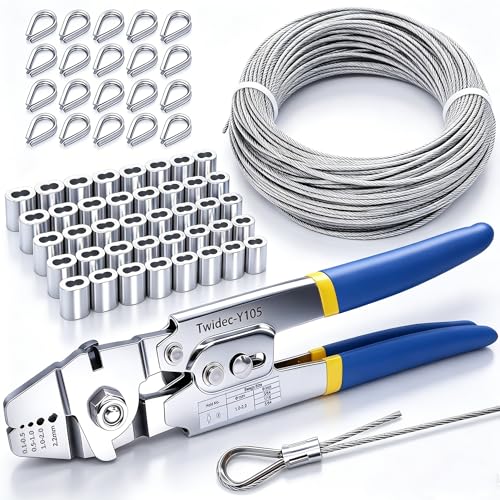 Twidec/Wire Rope Crimping Tool Kit Up To 2.2mm Swaging Tool With 165FT 1/16'' 304 stainless steel Wire Rope And 150PCS 1/16''Aluminum Crimping Loop Sleeve 20PCS Wire Rope Thimbles