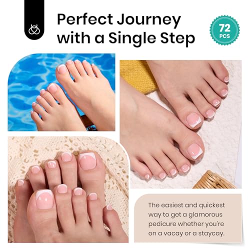 Image of Beetles Toe Nail Press Ons Short French Tip Press On Toenails 72PCS Kit | White French square fake toenails in 18 sizes with jelly glue and fast dry glue for an easy pedicure fit.