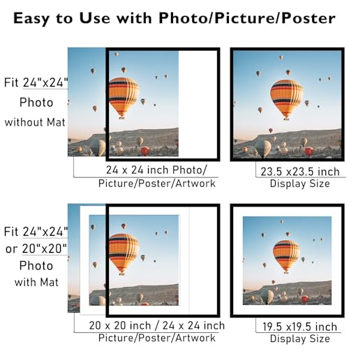 Image of JCJMY 22x22 Picture Frame Black with 18x18 Mat, Display Photo 18x18 with Mat or 22 x 22 Without Mat, Wall Hanging Large 22x22 Poster Frame with Shatter Resistant Plexiglass, Black