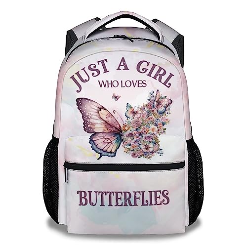 Mercuryelf Butterfly Backpack for Girls - 16 Inch Backpacks for School Travel - Just a Girl Who Loves Butterflies Fashion Lightweight Bookbag for Kids