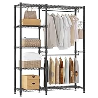 Open Wardrobe for Bedroom, Heavy Duty Clothes Rail with 5 Height Adjustable Shelves, 2 Hanging Rods & 4 Hooks, Metal Clothes Rack Free Standing Closet Organizer and Storage System, 114x44x195 cm Black