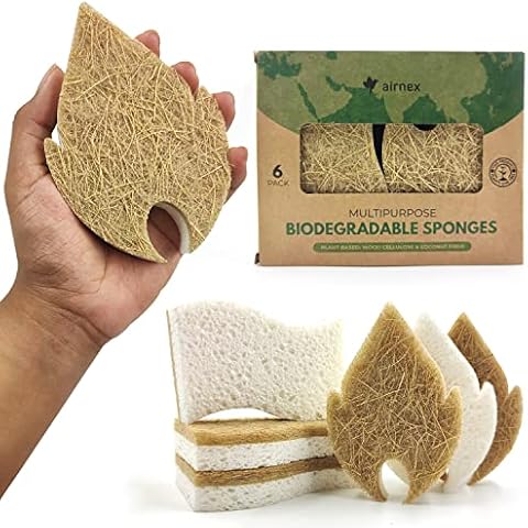 AIRNEX Biodegradable Natural Dish Sponges Kitchen Pack of 6 - Leaf and S-Shaped Coconut and Cellulose Sponges for Dishes and Surfaces - Eco Friendly Non-Scratch Heavy Duty Dish Scrubber Sponges Bulk Cover