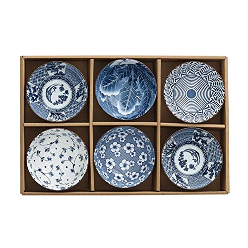 Gegong 6 Pack Ceramic Bowls, Japanese Style , 10 Ounces Thickening Blue and white porcelain Rice /Cereal Bowls for Kitchen, Suitable for microwave, ovens, dishwashers (mixing)