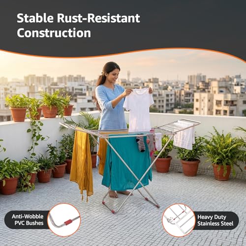 Image of Amazon Basics Heavy Duty Stainless Steel Foldable Cloth Dryer Stand | Strong Build | 3-Way Folding | Anti-Corrosion | PVC Bushes | Easy to Carry | 42 Ft Drying Length | Expandable Wings | 17 Rails | Pack of 1