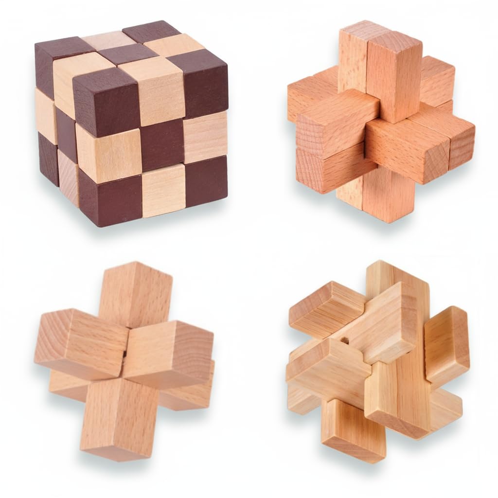 Holzsammlung Brain Teaser Puzzle, Wooden Puzzle Set IQ Test Mind Game Toys, Set of 4 Logic Geometric Jigsaw 3D Puzzle Educational Skill Building Blocks Intelligence Challenging Puzzles for Kids Adults