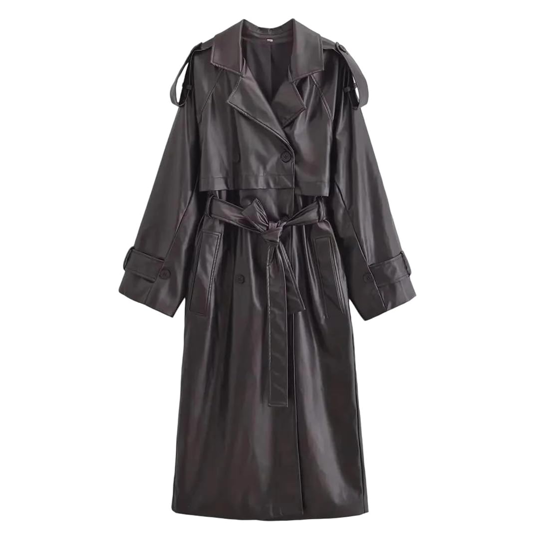 Women Pu Leather Turndown Collar Long Trench Coat Winter Double-Breasted With Belts Outerwear