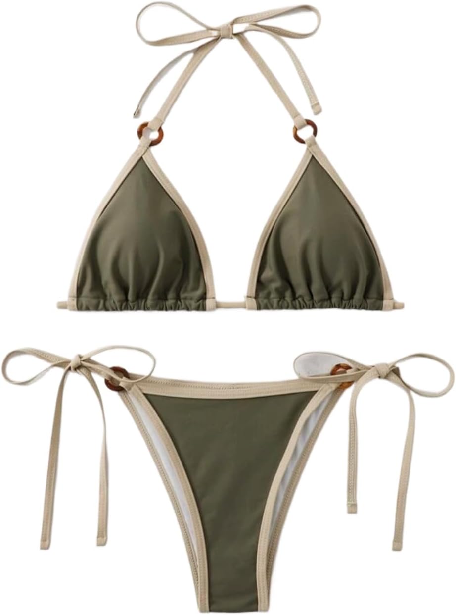 Women's Two-Piece Triangle Bikini Swimsuit, Army Green with White Trim Swimwear, Side-Tie Bottom Micro Bathing Suit PQ2322