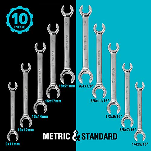 Duratech Flare Nut Wrench Set, Standard & Metric, 10-Piece, 1/4" To 7/8'' & 9-21Mm, Cr-V Steel, Organizer Pouch Included #TOP1