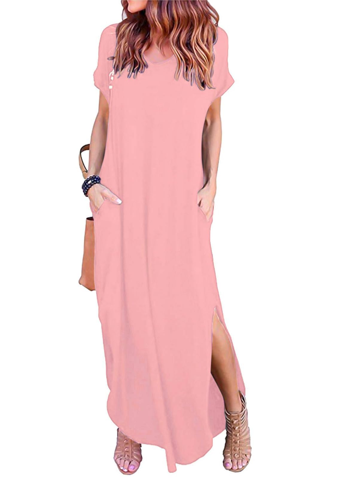 HUSKARY Women's Summer Maxi Dress Casual Loose Pockets Long Dress Short Sleeve Split Maxi Dresses