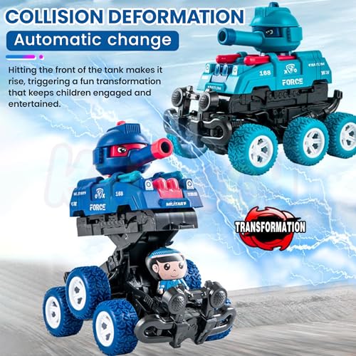 Image of Kidology Transforming Tank Toy Car for Kids | Friction Powered Military Vehicle with Collision Transformation, Pop-Up Soldier, Rotating Turret & Press-to-Launch Missiles - Ages 3+ (Dark Blue)