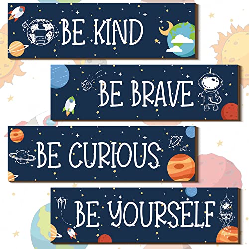 Image of Yookeer 4 Pcs Space Room Decor for Kids Teen Boys Inspirational Outer Space Wall Art Decor Motivational Hanging Galaxy Wood Plaque Sign for Back to School Playroom Nursery Classroom Dorm(Blue)