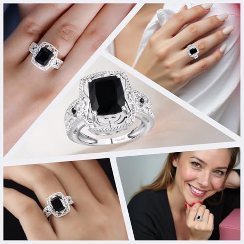 Shop LC Black Tourmaline Rings - Birthstone Rings for Women - Engagement Promise Ring for Her Statement Vintage Stainless Steel Tourmaline Jewelry Birthday Gifts for Womens2