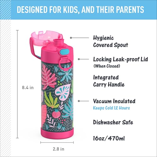 Image of THERMOS FUNTAINER 16 Ounce Stainless Steel Vacuum Insulated Bottle with Wide Spout Lid, Tropical Foliage