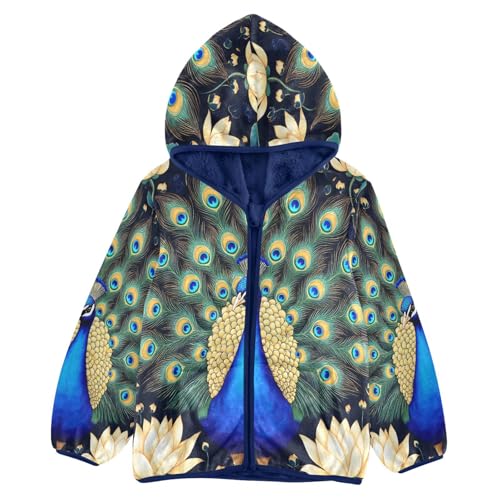 Peacock Feathers Lotus Flowers Toddler Fleece Jacket Girl Boys Hooded Fleece Jacket Coat Warm Outwear Zip-up 3-10T