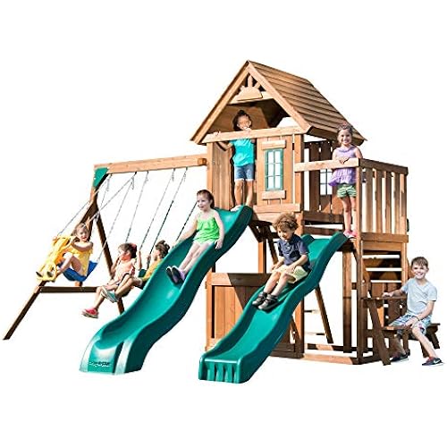 Swing-N-Slide Lookout Mountain Wooden Swing Set with Two Slides, Climbing Wall, Swings, Glider & Picnic Table, Wood