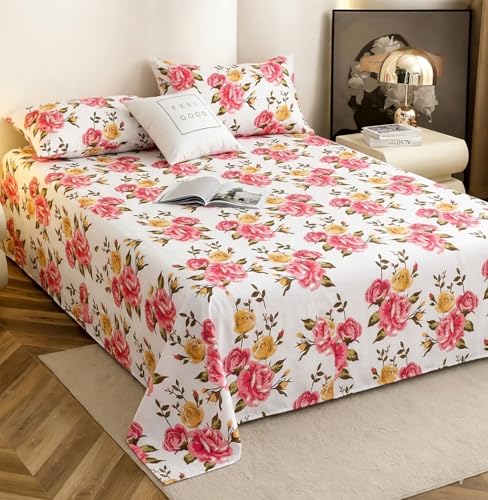 Image of IVAZA 240 TC Soft Ezyption Cotton Floral Print King Size Bedsheet - with 2 Pillow Covers, Hypoallergenic, Brethable, (Size- 90 x 90 Inch) Pink White
