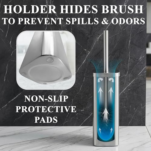 Image of Toilet Brush with Square Holder - Toilet Brush and Holder Set Silver, Stainless Steel Handle with Splash Shield, Replaceable Head and Removable Inner Cup - Freestanding Bathroom Toilet Cleaning Set