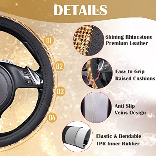 Image of CAR Pass Rhinestones Diamond Bling Steering Wheel Cover, Universal Fit for SUV,Vans,Sedan,Car,Truck 14.5-15inch Universal Fit (Golden) Crystal Glitter for Women Sparkle Girly Sparkling Gold Shining