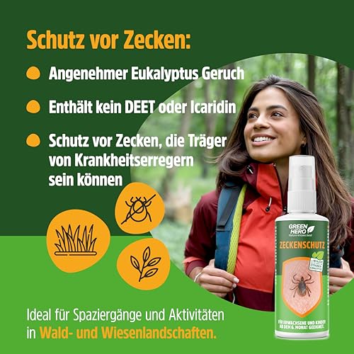 Green Hero Zeckenspray schützt zuverlässig vor Zecken, Mücken & Moskitos 100ml Zeckenschutz mit dem gut duftendem Wirkstoff EC-Öl, geeignet für Erwachsene und Kinder ab dem 6. Monat
